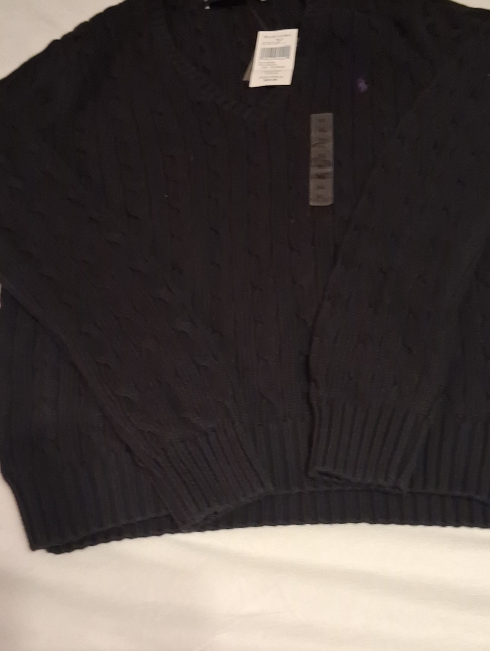 Ralph Lauren Sport Black Cable Knit V-Neck Sweater with Polo Pony